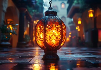 Glowing Ornamental Lantern Illuminating a Cobblestone Path