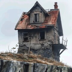 A weathered wooden house with a slanted roof stands precariously on a rocky cliff. The structure shows signs of age, with peeling paint and broken windows