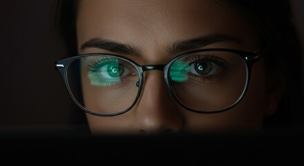 Close-up of woman wearing glasses looking at a computer screen in the dark