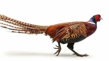 A pheasant statue mid-stride with fine feather detailing, sculpted for a natural appearance, isolated on white.