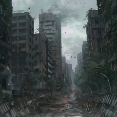An eerie urban environment filled with decaying skyscrapers and thick vegetation. The gray sky looms overhead as birds fly above a deserted street littered with debris and abandoned structures