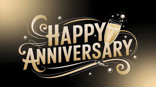 Festive "Happy Anniversary" text with champagne glass and bubbles – Great for joyful anniversary marketing, celebration materials, or event invitations.