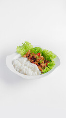 white rice and chopped meat and green vegetables