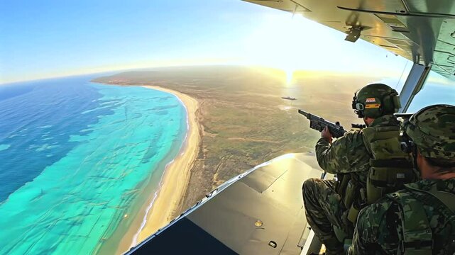 Soldier sits alert, soldier overlooks turquoise coastline, soldier vigilant, soldier aims weapon carefully, soldier demonstrates focused vigilance during reconnaissance.