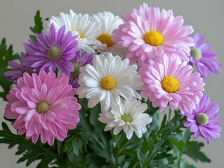 Fototapeta premium Colorful Collection of Fresh Daisies in a Vibrant Bouquet with Green Leaves, Perfect for Spring Decor and Floral Arrangements