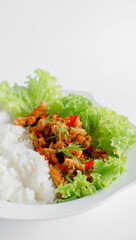 white rice and chopped meat and green vegetables