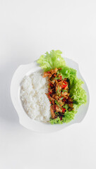 white rice and chopped meat and green vegetables