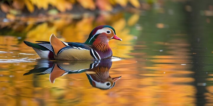 Colorful mandarin duck floating on reflective water surrounded by autumn leaves in a serene nature setting