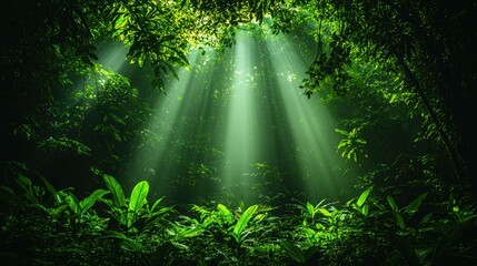 Obraz premium Sunbeams Piercing Through Lush Rainforest Canopy