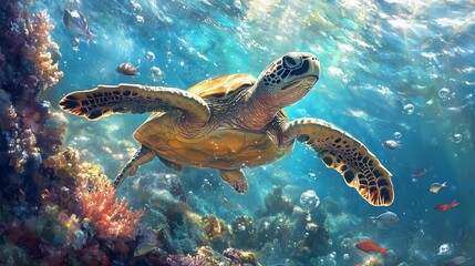 Obraz premium Sea Turtle Gracefully Swimming in Vibrant Coral Reef Ecosystem