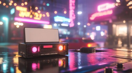 Retro game console in a neon-lit city at night