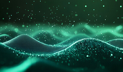 Abstract background with a green, glowing wave of dots and particles on a dark night sky. This futuristic technology concept is suitable for a business presentation or PowerPoint show,