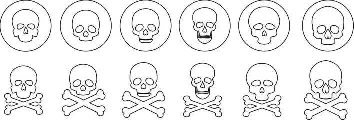 Skull crossbone pirate icon set logo Halloween ghost graphic danger anatomy symbol Silhouette. Cartoon skull death flat and line vector collection isolated on transparent background for apps and game