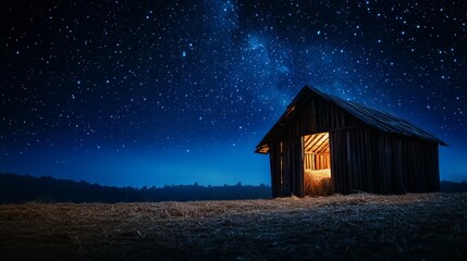 Wooden Stable at Dark Blue Starry Night, Jesus Christ Birth Concept with Copy Space