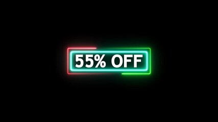Discount 55% off percent banner animation illustration isolated on black background.55% percent off neon sign banner.