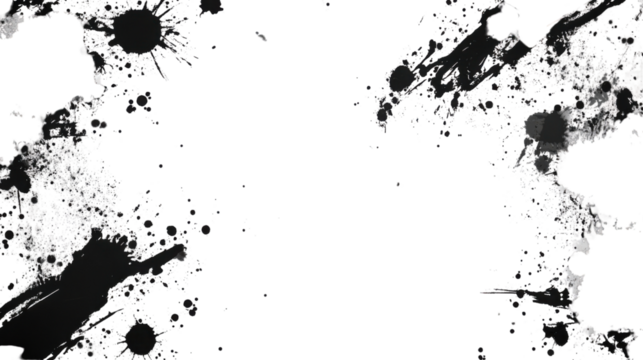 Black ink splattering on transparent background with copy space