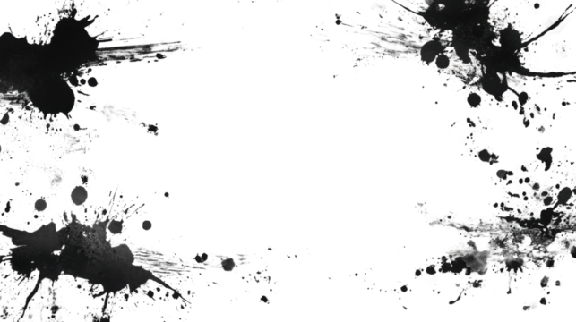Black ink splattering on transparent background with copy space