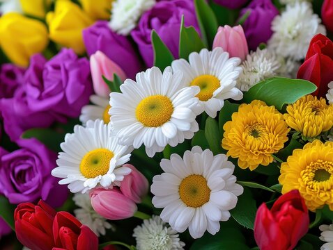 Colorful Floral Arrangement with Daisies, Tulips, Roses, and Chrysanthemums in a Vibrant Display for Decoration and Celebration