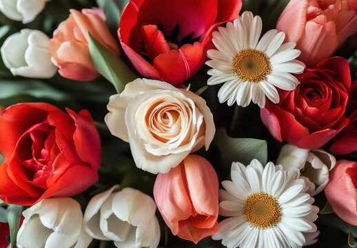 Colorful Floral Arrangement with Fresh Blooms Including Roses, Tulips, Daisies, and Other Seasonal Flowers on Soft Green Background