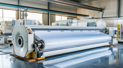 High-speed industrial fabric rolling machine preparing textiles for storage
