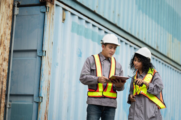 Asia supervisor worker man and woman working with checking container at container site	