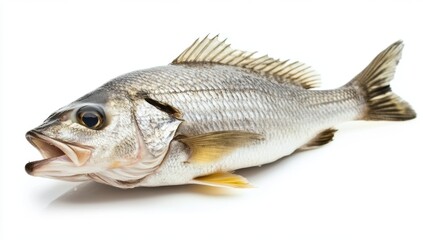 Fototapeta premium Fresh whole fish isolated on white background seafood ingredient natural texture scales fins and freshness culinary preparation