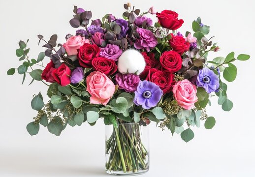 Colorful Floral Arrangement with Roses, Anemones, Eucalyptus, and Cotton in a Clear Glass Vase for Home Decor and Celebrations