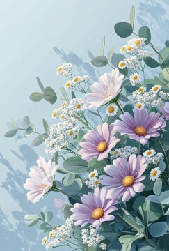 Colorful Floral Arrangement with White and Purple Daisies and Eucalyptus Leaves against a Soft Blue Background