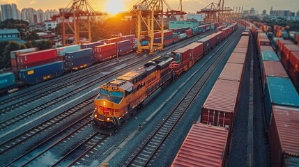 The global container cargo freight train business for logistics, including air cargo trucking, rail transportation, and maritime shipping, supporting worldwide online goods orders