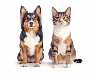 A dog and cat sit side-by-side against a white background