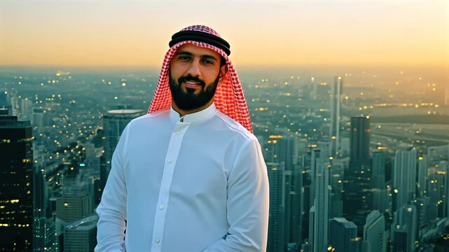 Arabic businessman standing confidently on skyscraper rooftop, wearing traditional kandura against glowing dubai cityscape during sunset illumination
