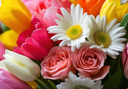 Colorful Floral Bouquet with Tulips, Daisies and Roses for Celebrations, Events, and Gift Giving, Bright Colors and Lush Petals