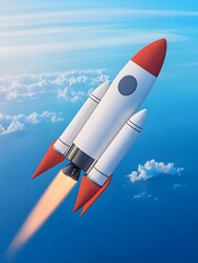 A retro-style rocket ascends through a partly cloudy sky, its engine blazing