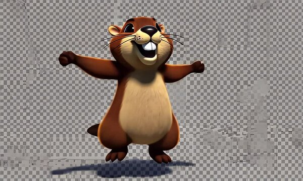 A cheerful, cartoonish beaver with raised arms and an excited smile, floating in the air.