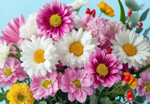 Colorful Flower Arrangement with Daisies and Seasonal Blooms Captured in Soft Light on Light Blue Background
