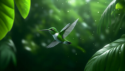Fototapeta premium A vibrant green hummingbird in flight amidst lush, green tropical foliage