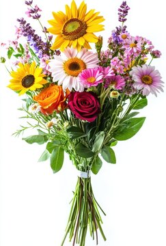 Colorful Flower Bouquet with Sunflowers, Pink Daisies, and Fresh Greenery on White Background for Cheerful Decor and Nature Enthusiasts
