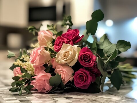 Colorful Flower Bouquet of Pink and Red Roses with Green Leaves Arranged Elegantly on a Marble Tabletop in a Soft Focus Kitchen Background