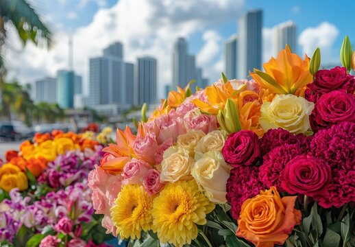 Colorful Flower Bouquets with City Skyline in Background, Vibrant Blooms Against Urban Architecture, Bright Day with Blue Sky and Clouds