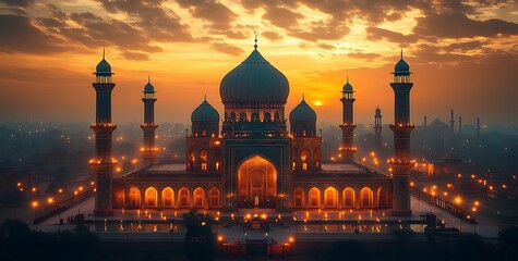 Majestic Mosque at Sunset with Ornate Domes and Minarets