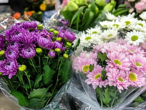 Colorful flower bouquets with vibrant purple, pink, white, and yellow blossoms arranged in clear plastic wrap on a market display
