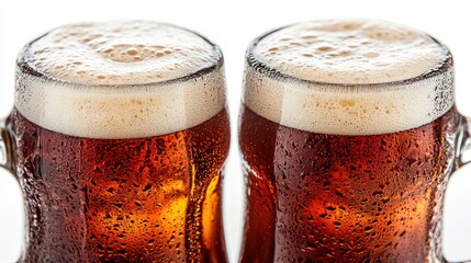 Two beers with foam. Condensation drops form on mug