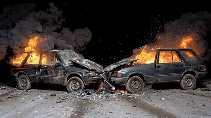 Two cars ablaze after a crash, emitting smoke, under a dark sky