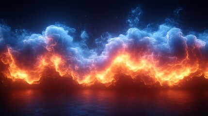 Naklejka premium Fiery and icy cloudscape reflected on dark water.