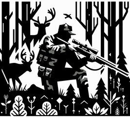 Obraz premium Logo vectoriel de la silhouette d’un chasseur avec fusil dans la nature, en style design plat sur fond clipart transparent isolé au format vectoriel, parfait pour le branding et projets outdoor.