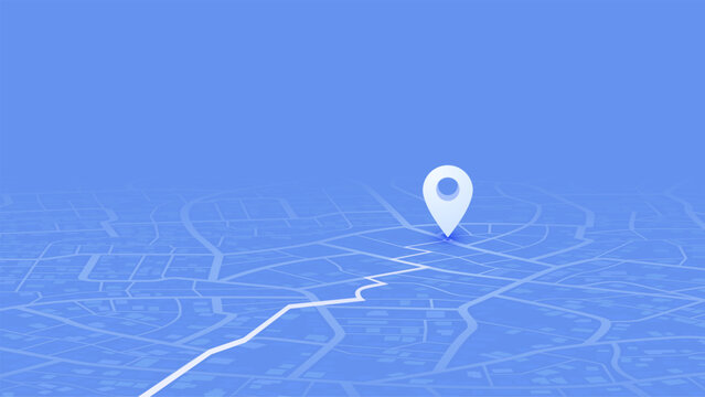 Map navigation. Route planning, location tracking. Abstract city map with GPS pin. Perspective cityscape navigation. Urban streets with marked path. Vector illustration