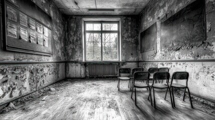 Abandoned Classroom: A Black and White Reflection of Time's Passage