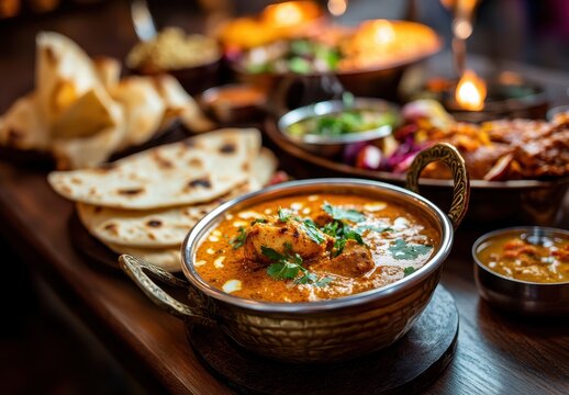 Colorful Indian cuisine display featuring aromatic chicken curry in a traditional bowl, with flatbreads and assorted sides beautifully arranged