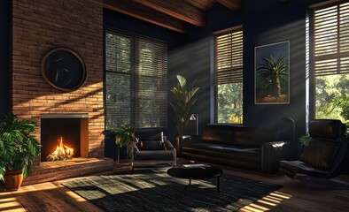 Fototapeta premium Rustic living room, sunlight streams through windows, fireplace