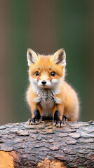 Obraz premium Adorable red fox kit sitting on a log, looking directly at the camera